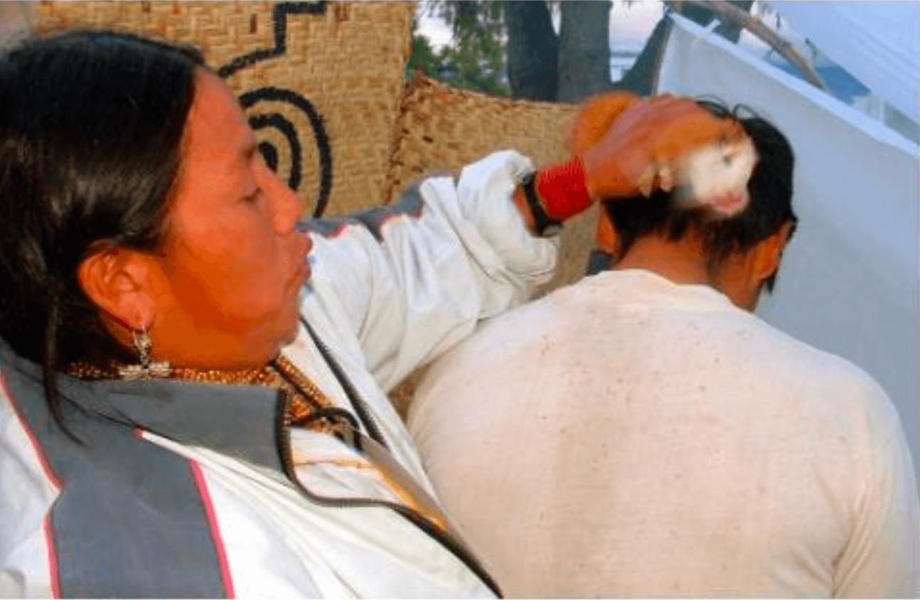 Andean Peruvian healer performing energy cleansing with a living being (guinea pig).